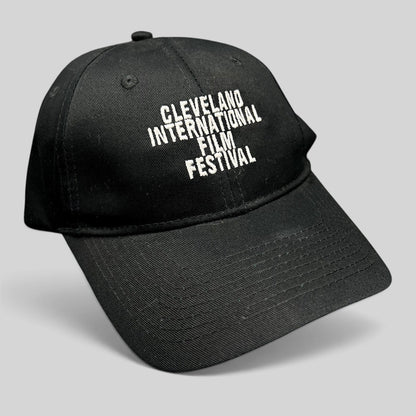 Raree Finds black strapback hat with white embroidered Cleveland International Film Festival lettering on the front