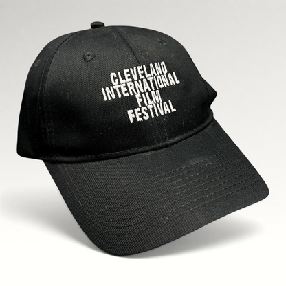 Raree Finds black strapback hat with white embroidered Cleveland International Film Festival lettering on the front