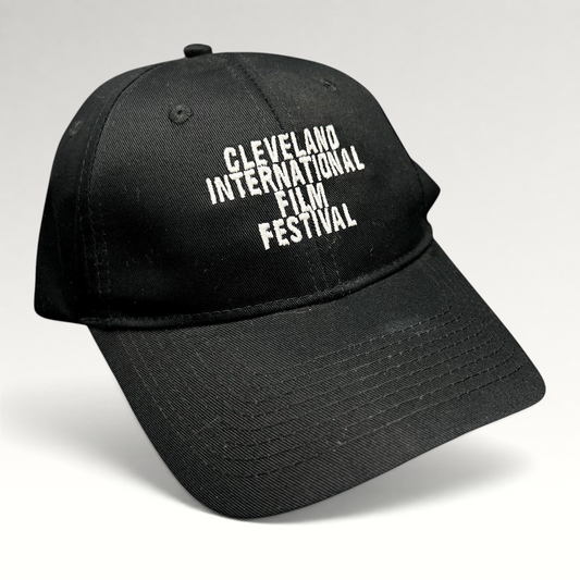 Raree Finds black strapback hat with white embroidered Cleveland International Film Festival lettering on the front
