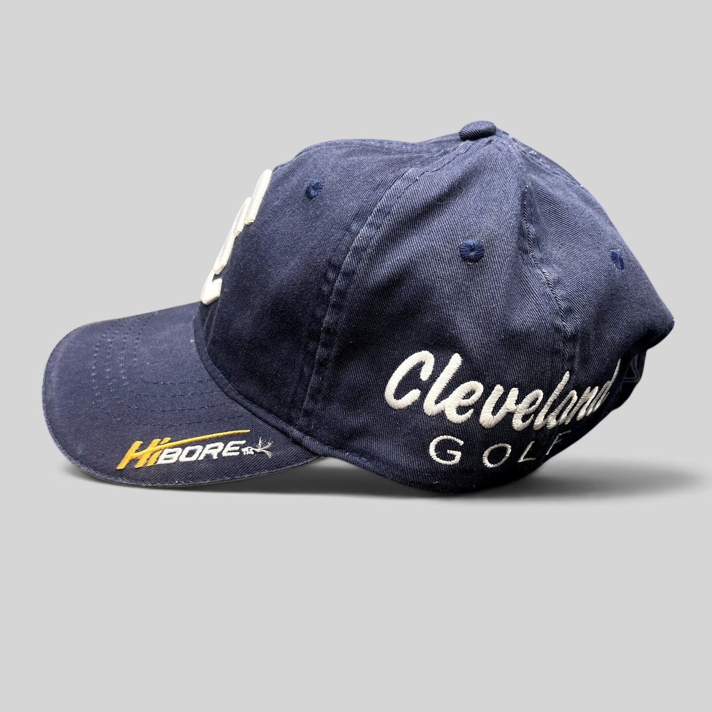Raree Finds navy blue cotton twill Cleveland Golf strapback hat with side script and HiBore brim embroidery