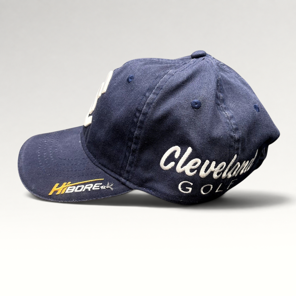 Raree Finds navy blue cotton twill Cleveland Golf strapback hat with side script and HiBore brim embroidery