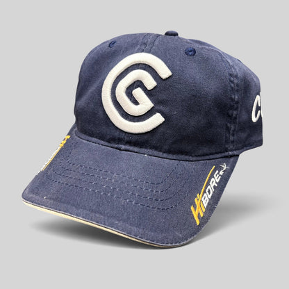 Raree Finds navy blue cotton twill Cleveland Golf strapback hat with raised white CG logo and HiBore brim embroidery.