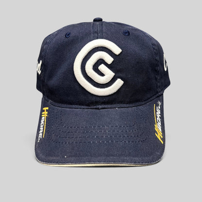 Raree Finds navy blue cotton twill Cleveland Golf strapback hat with white embroidered CG logo and HiBore brim detail