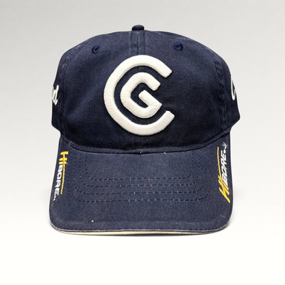 Raree Finds navy blue cotton twill Cleveland Golf strapback hat with white embroidered CG logo and HiBore brim detail