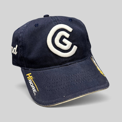 Raree Finds navy blue cotton twill Cleveland Golf strapback hat with raised white CG logo and HiBore brim embroidery