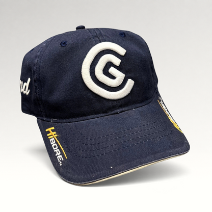 Raree Finds navy blue cotton twill Cleveland Golf strapback hat with raised white CG logo and HiBore brim embroidery