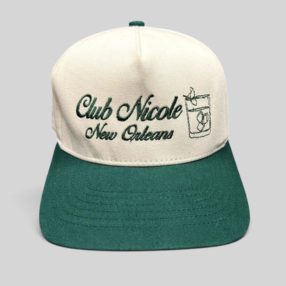 Raree Finds vintage Club Nicole New Orleans snapback hat with green script embroidery and cocktail graphic on cream