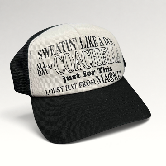 Raree Finds black and white Coachella x Market trucker hat with Sweatin Like a Dog graphic on foam front mesh back