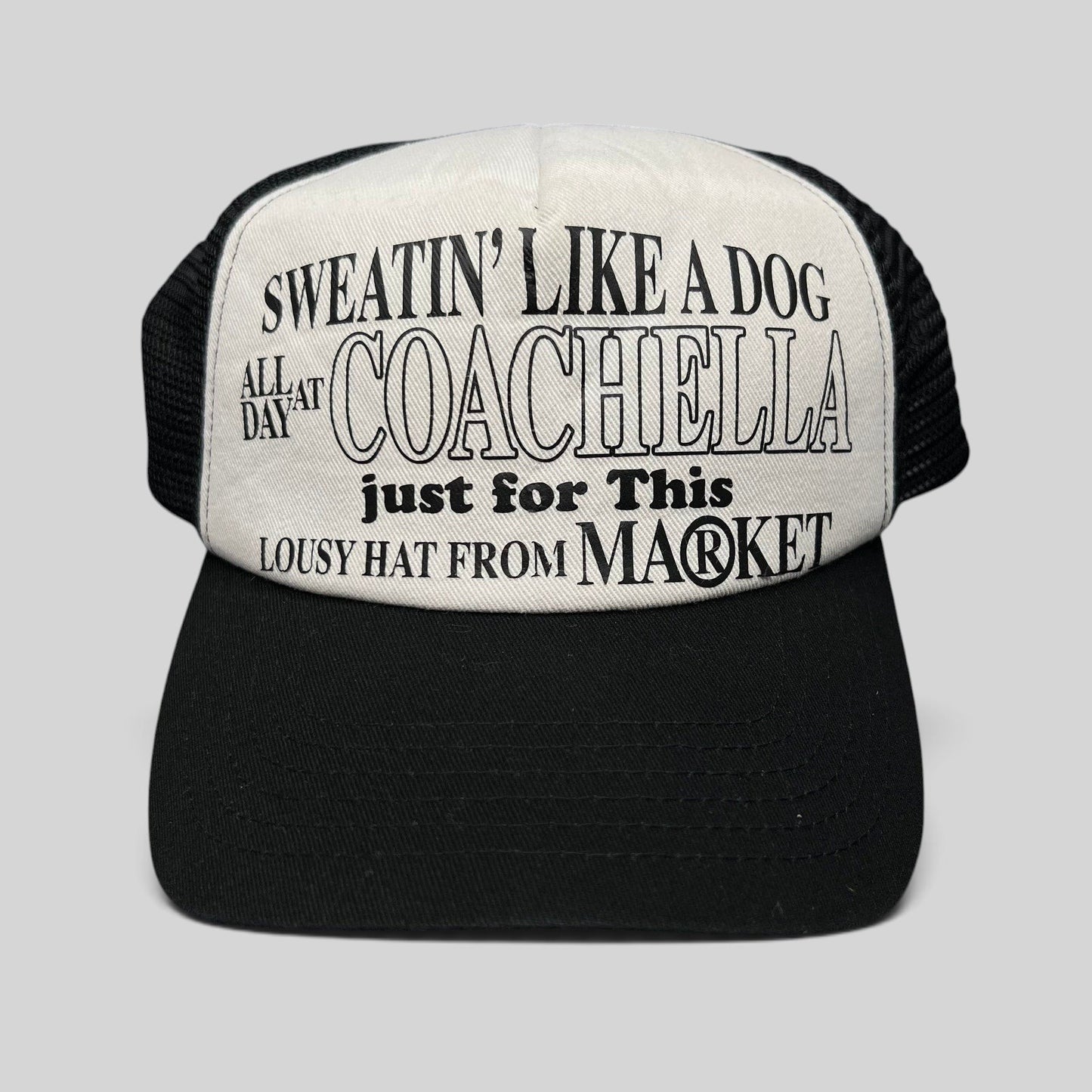 Raree Finds Coachella x Market black and white trucker hat with graphic text print on the foam front panel