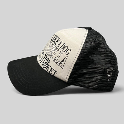 Raree Finds Coachella x Market black and white trucker hat with foam front and mesh back featuring graphic text