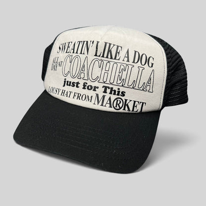 Raree Finds Coachella x Market black and white foam trucker hat with graphic text on the front panel
