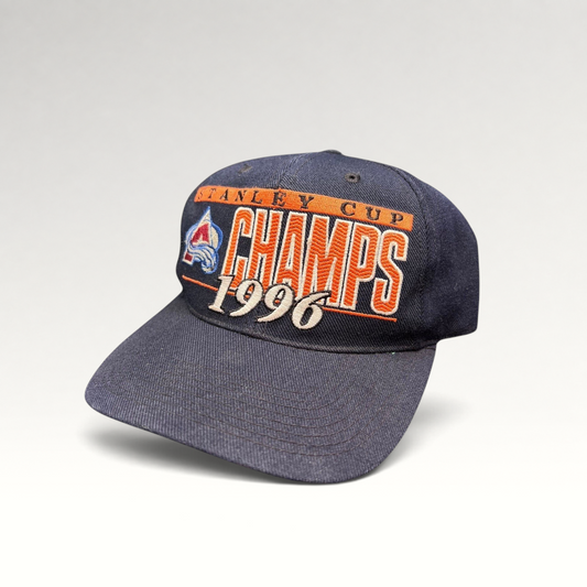Raree Finds vintage 1996 Colorado Avalanche navy blue cotton snapback hat with embroidered Stanley Cup Champions logo
