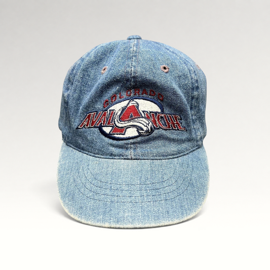 Raree Finds vintage Colorado Avalanche denim strapback hat with embroidered NHL logo on blue cotton jean fabric