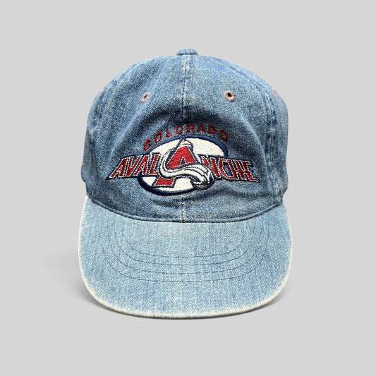 Raree Finds vintage Colorado Avalanche denim strapback hat with embroidered NHL logo on blue jean cotton fabric.