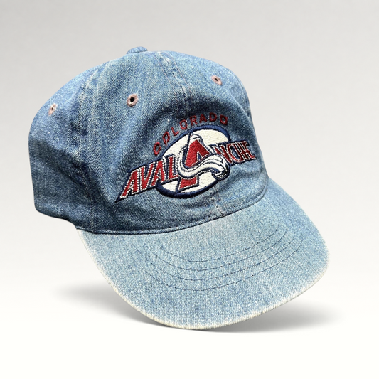 Raree Finds vintage Colorado Avalanche denim strapback hat with embroidered NHL logo on blue jean cotton fabric.
