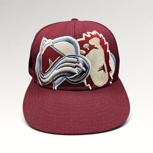 Raree Finds vintage Colorado Avalanche New Era 59FIFTY fitted hat in burgundy with oversized raised logo embroidery.