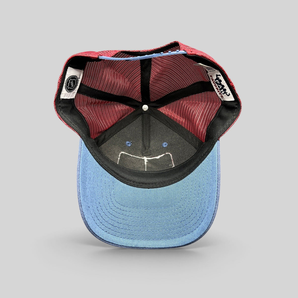 Raree Finds Colorado Avalanche NHL trucker snapback hat interior view showing maroon mesh and blue crown