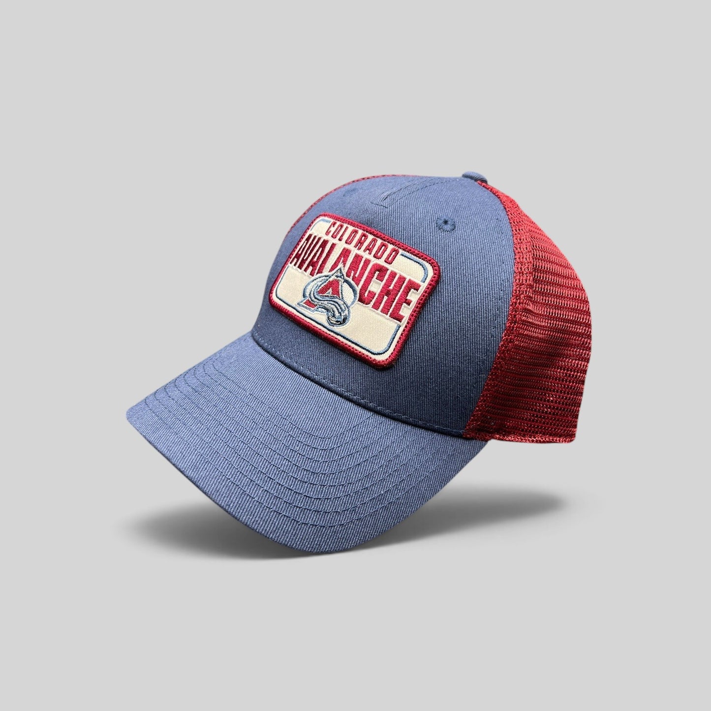 Raree Finds Colorado Avalanche NHL trucker snapback hat with blue cotton crown, maroon mesh back, and logo patch.