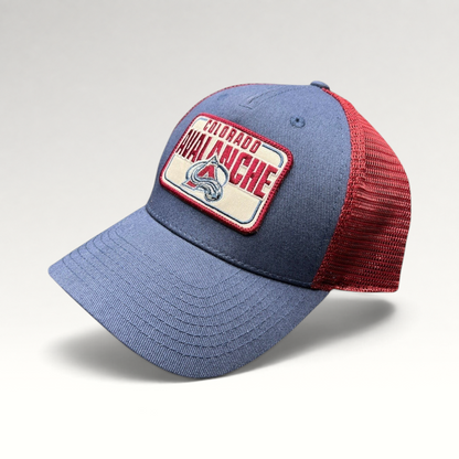 Raree Finds Colorado Avalanche NHL trucker snapback hat with blue cotton crown, maroon mesh back, and logo patch.
