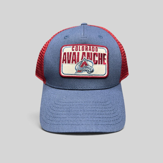 Raree Finds Colorado Avalanche NHL trucker snapback hat with blue cotton crown, maroon mesh back, and logo patch.