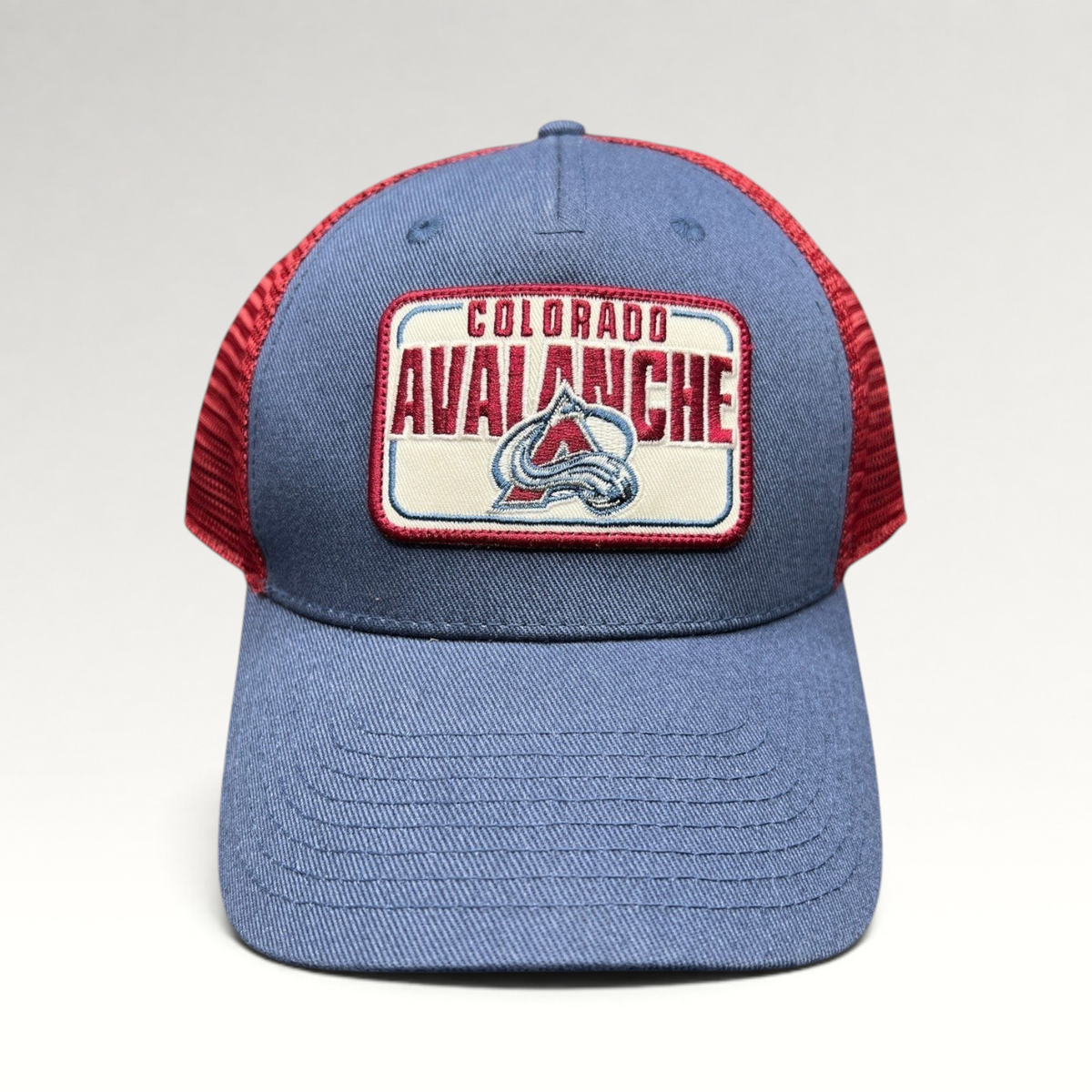 Raree Finds Colorado Avalanche NHL trucker snapback hat with blue cotton crown, maroon mesh back, and logo patch.