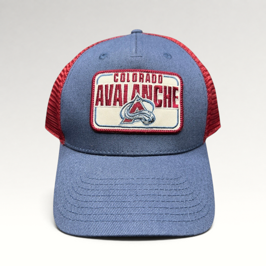 Raree Finds Colorado Avalanche NHL trucker snapback hat with blue cotton crown, maroon mesh back, and logo patch.