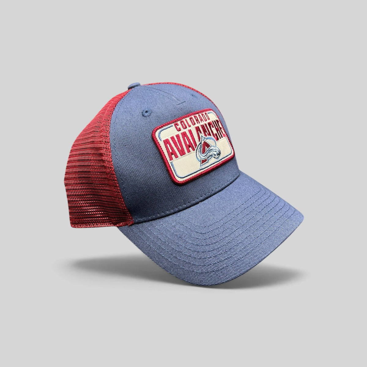 Raree Finds Colorado Avalanche NHL trucker snapback hat with blue cotton crown, maroon mesh back, and logo patch.