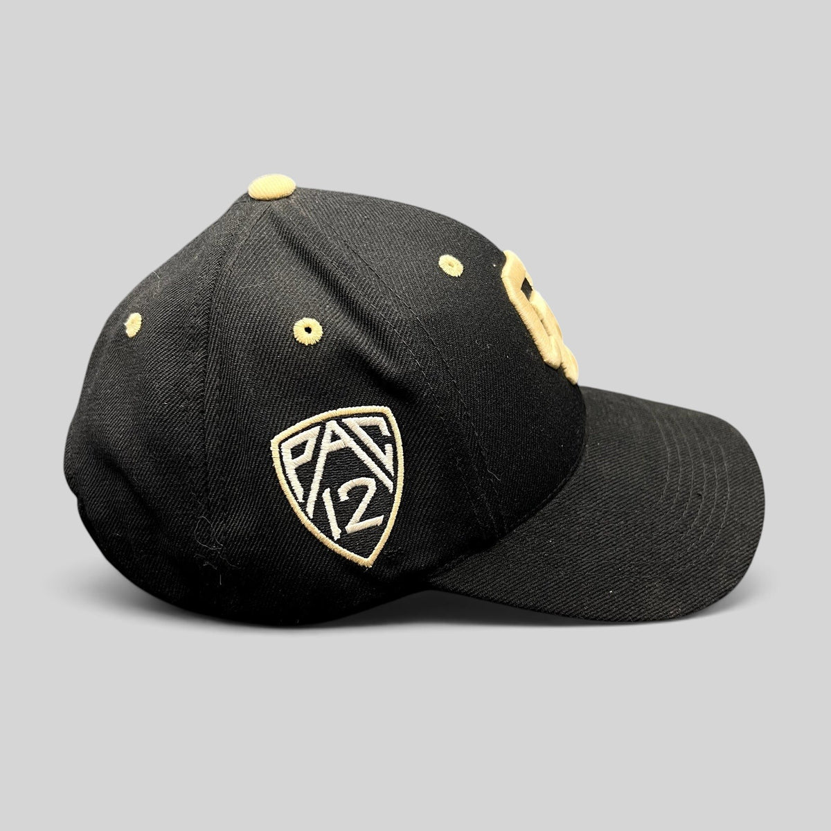 Raree Finds Colorado Buffaloes black cap with gold Pac-12 embroidered side patch and gold eyelets