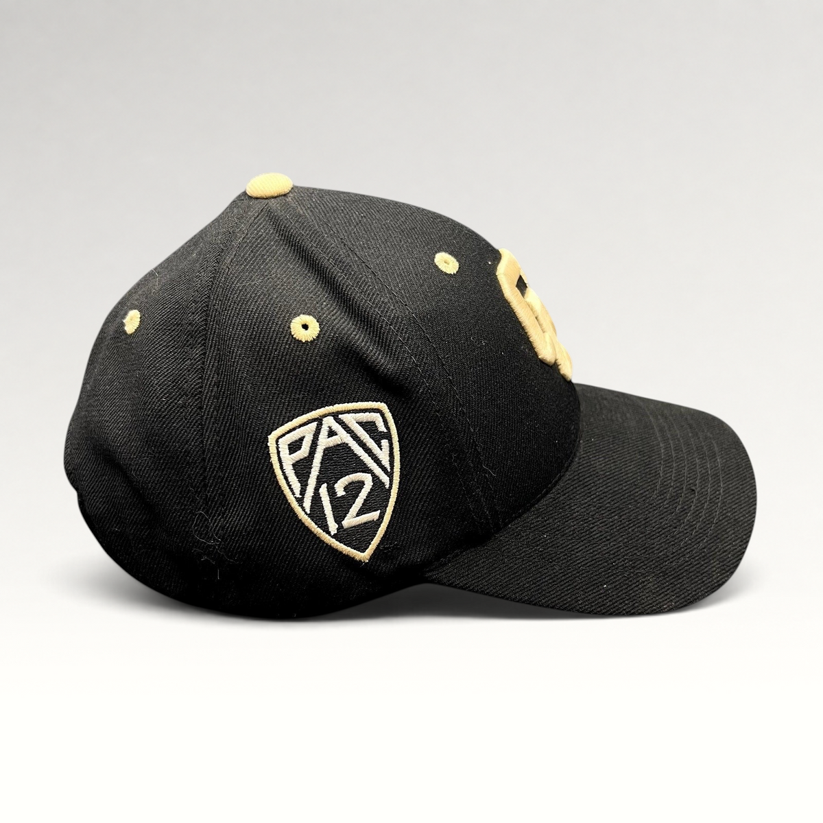 Raree Finds Colorado Buffaloes black cap with gold Pac-12 side patch and embroidered logo