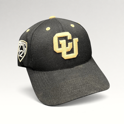 Raree Finds black Colorado Buffaloes strapback hat with metallic gold embroidered CU logo and Pac-12 side patch