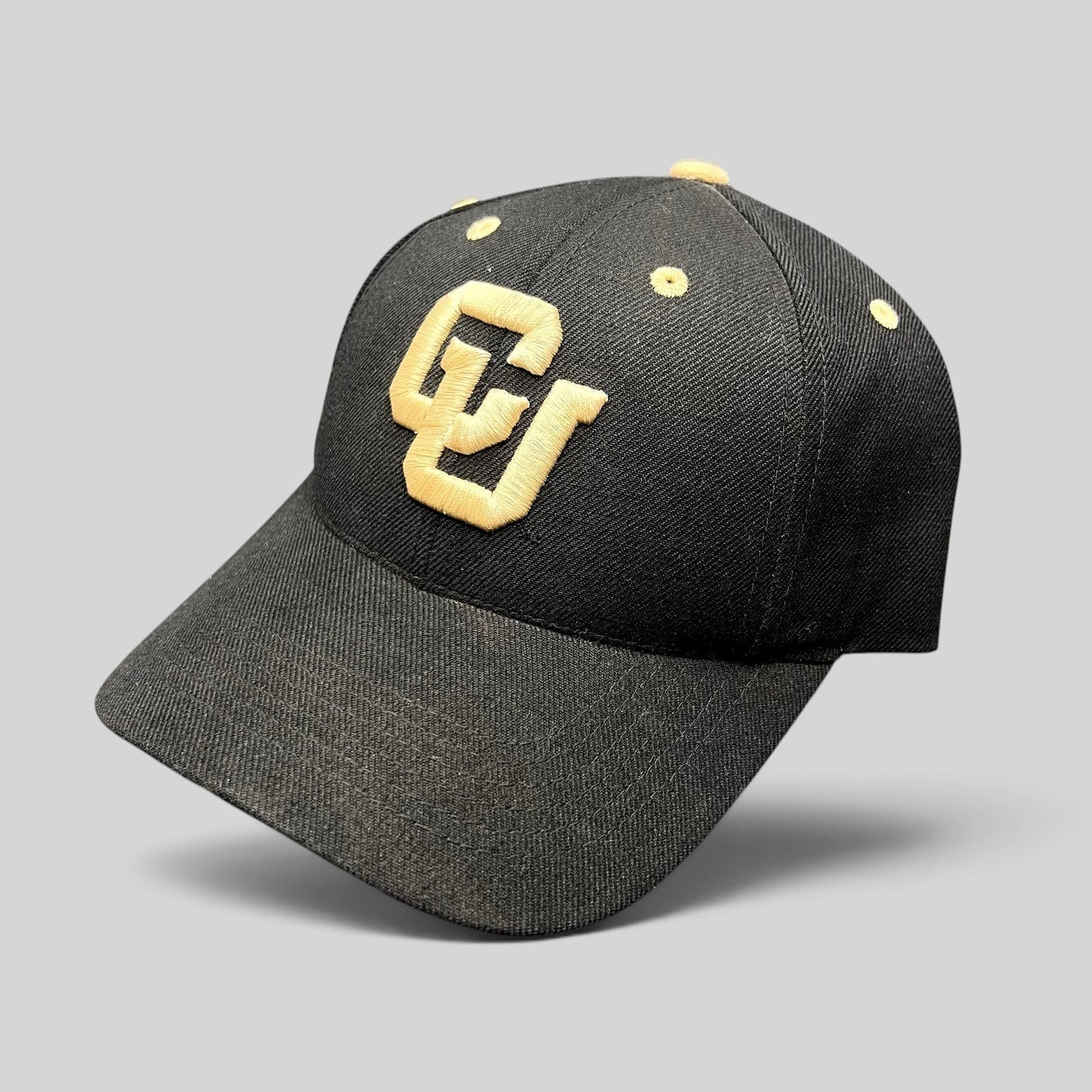 Raree Finds Colorado Buffaloes black and gold strapback hat with raised embroidered CU logo and gold eyelets