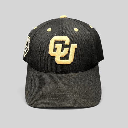 Raree Finds Colorado Buffaloes black strapback hat with raised metallic gold CU logo embroidery and side patch.
