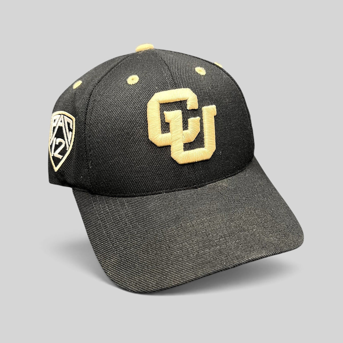 Raree Finds Colorado Buffaloes black and gold strapback hat with embroidered CU logo and Pac-12 side patch.
