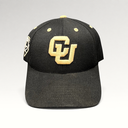 Raree Finds Colorado Buffaloes black strapback hat with raised gold embroidered CU logo and side patch