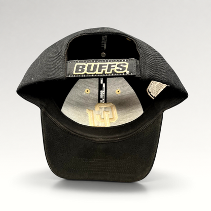 Raree Finds Colorado Buffaloes black strapback hat with Buffs embroidery on the adjustable hook-and-loop back strap