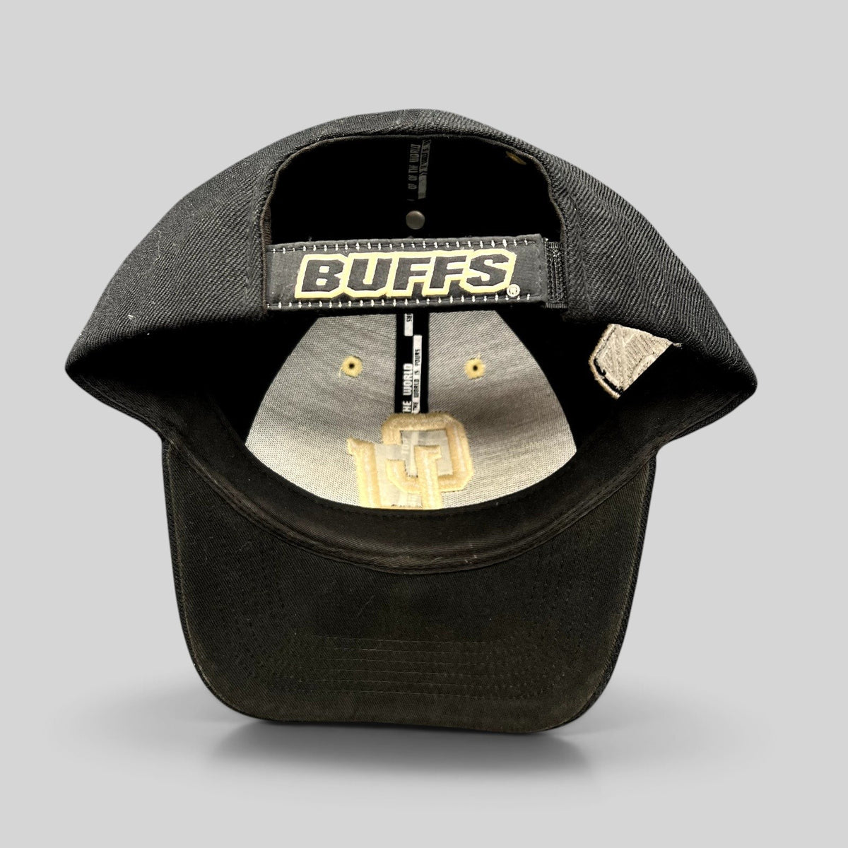Raree Finds Colorado Buffaloes black strapback hat with BUFFS embroidered on the adjustable hook-and-loop back strap