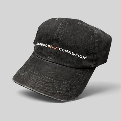 Raree Finds black cotton Colorado Film Commission strapback hat with embroidered logo and red M accent
