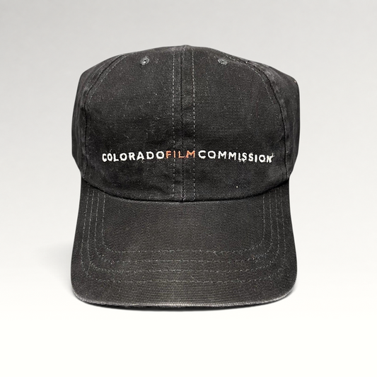 Raree Finds black cotton six-panel strapback hat with embroidered Colorado Film Commission logo and red M accent