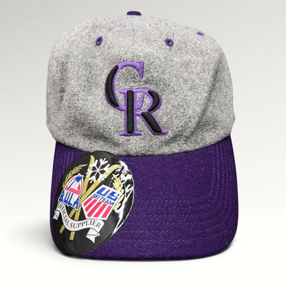 Raree Finds Colorado Rockies ’47 Brand wool strapback hat with grey crown, purple brim, and CR logo embroidery.