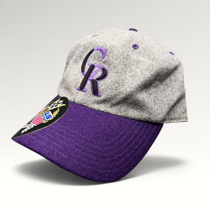 Raree Finds Colorado Rockies ’47 Brand wool strapback hat with a grey crown, purple brim, and raised CR embroidery.