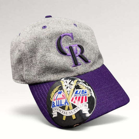 Raree Finds Colorado Rockies 47 Brand wool strapback hat with grey crown, purple brim, and Bula US Ski team sticker.
