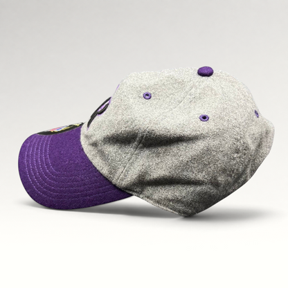 Raree Finds Colorado Rockies 47 Brand wool strapback hat with grey crown and purple brim, side profile view.