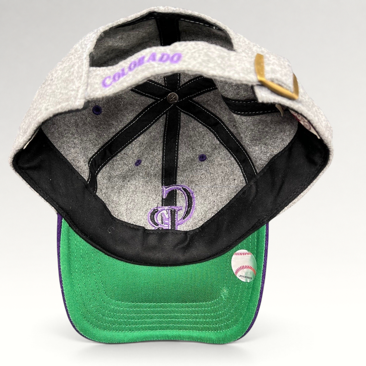 Raree Finds Colorado Rockies ’47 Brand wool strapback hat with grey crown, purple brim, and green underbill interior