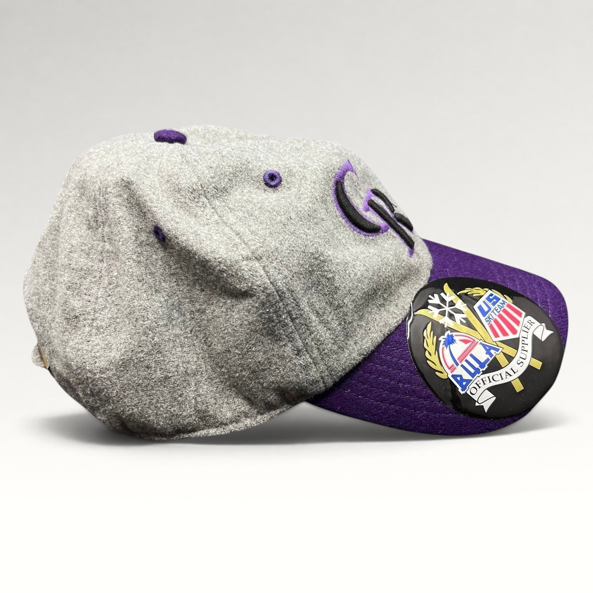 Raree Finds Colorado Rockies ’47 Brand wool strapback hat in grey and purple with raised CR logo and Bula sticker