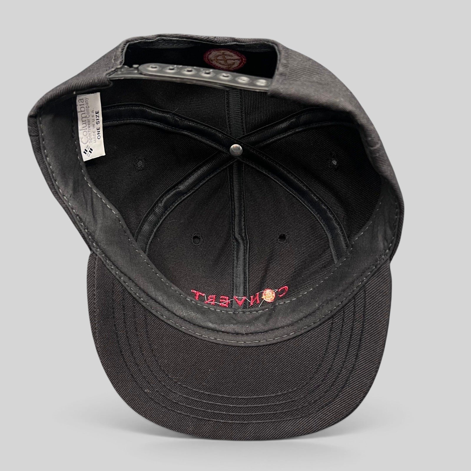 Raree Finds vintage Columbia Sportswear black snapback hat interior view showing branding tag and red embroidery