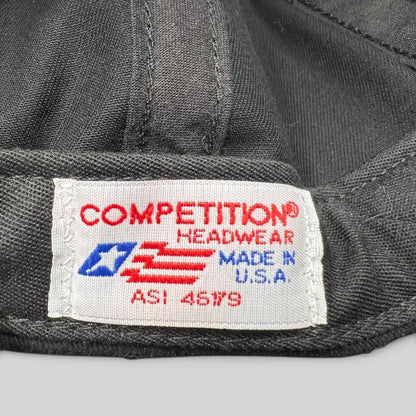 Raree Finds Competition Headwear tag inside a vintage snapback hat, showing Made in U.S.A. text and logo.