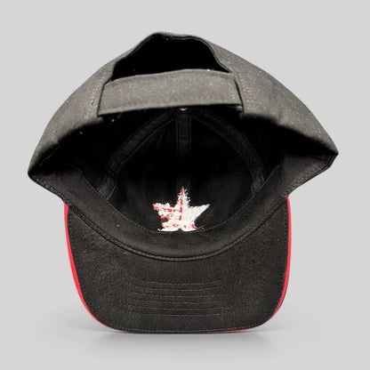 Raree Finds Corps Classics black strapback hat with interior American flag star embroidery and red sandwich brim