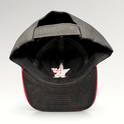 Raree Finds Corps Classics black strapback hat with interior American flag star embroidery and red sandwich brim