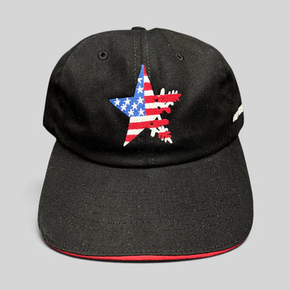 Raree Finds Corps Classics black strapback hat with patriotic American flag star embroidery and red sandwich brim