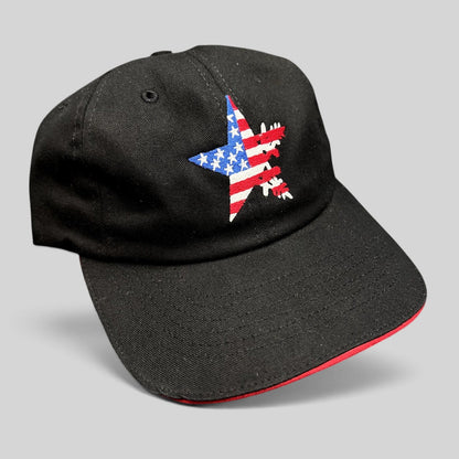 Raree Finds Corps Classics black strapback hat with an embroidered American flag star design and red sandwich brim.